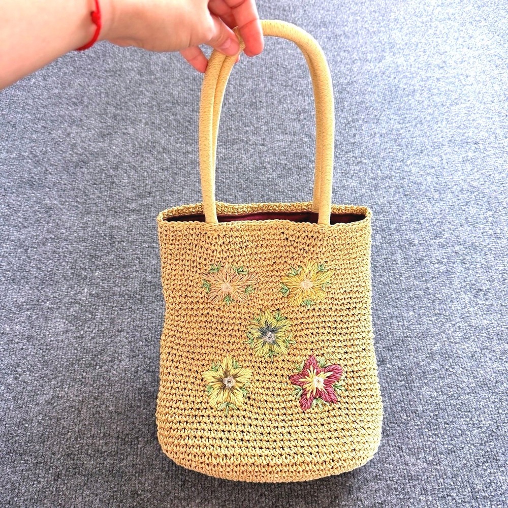 TEMPO Design Straw‎ Crochet Tote Bag Floral Embroidery Purple Lined